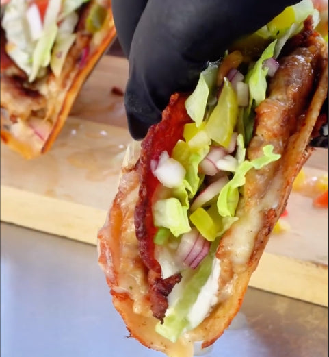 Chicken Bacon Ranch Smash Burger Tacos with Pickle De Gallo - Char-Griller