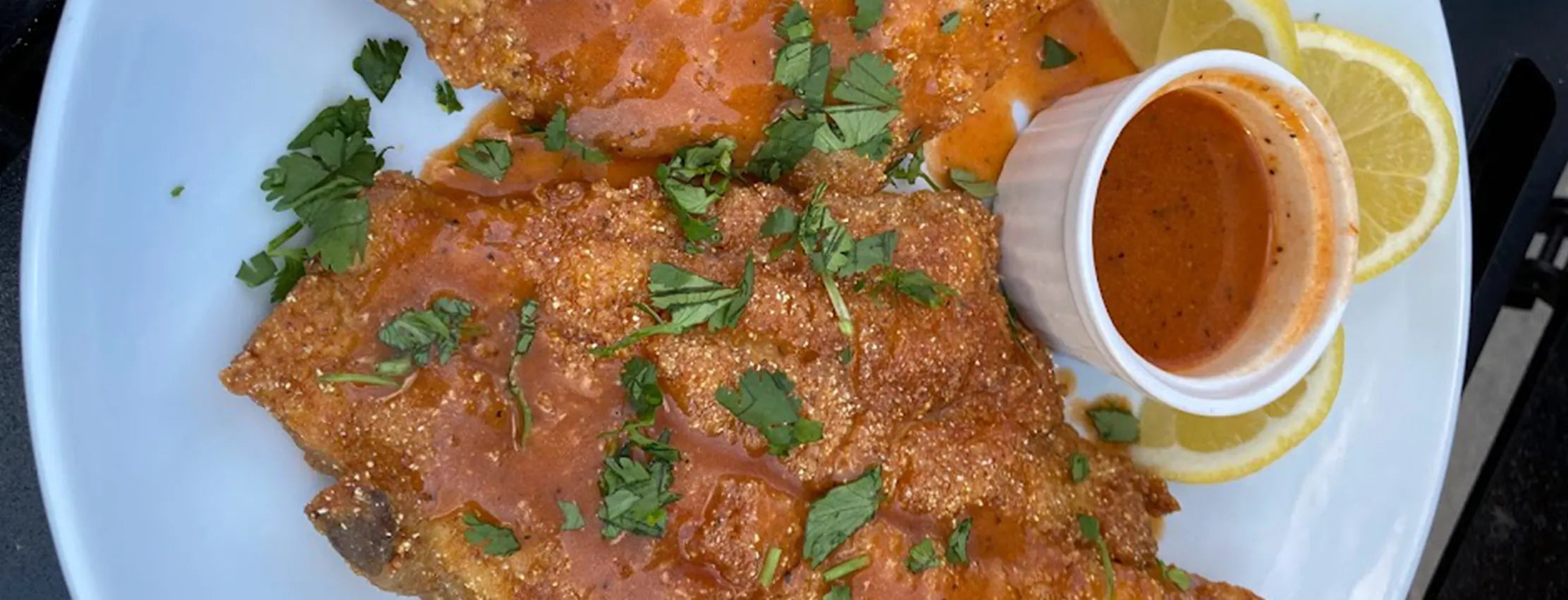 Fried Catfish with Lemon Honey Butter Hot Sauce & Fresh Cilantro Flake - Char-Griller
