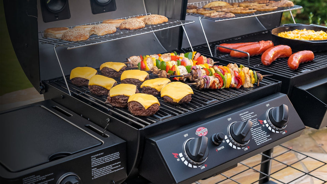 Cheeseburgers, kebabs, sausage and more cook on both sides of an open dual fuel grill