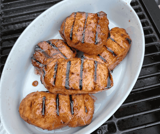 Apple Cider Grilled Pork Chops with Raspberry Chipotle Glaze - Char-Griller