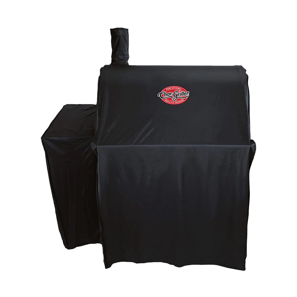 Black cover installed over a Pro Deluxe grill without side firebox. Cover has Char-Griller logo on the front. Chimney and side shelf are also covered.
