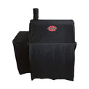 Black cover installed over a Pro Deluxe grill without side firebox. Cover has Char-Griller logo on the front. Chimney and side shelf are also covered.
