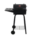 Patio Pro barrel grill with left side shelf and cart with 2 wheels and a wire shelf