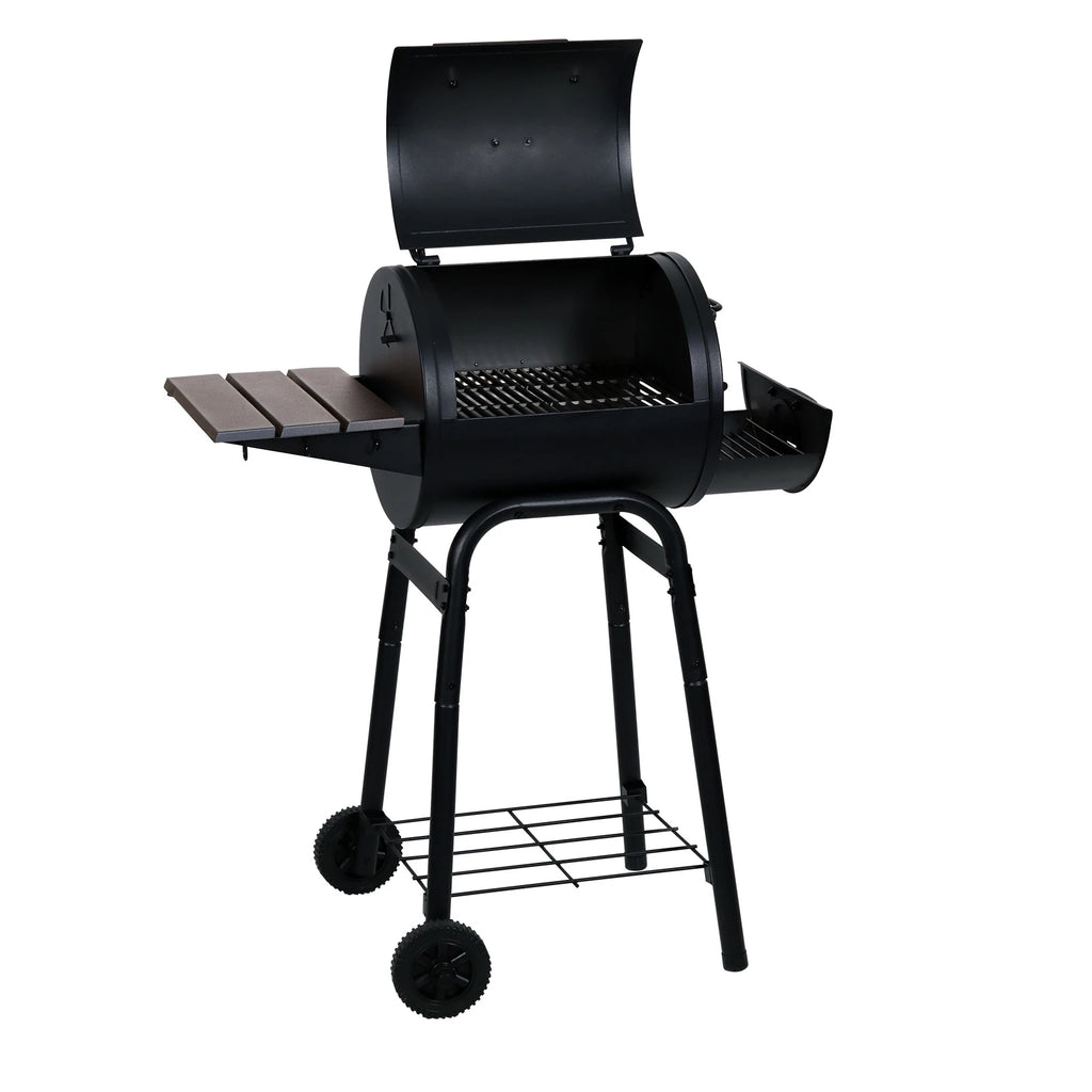 Open Patio Pro showing main cooking grate. EasyDump ash tray is partially pulled out of right end of the grill