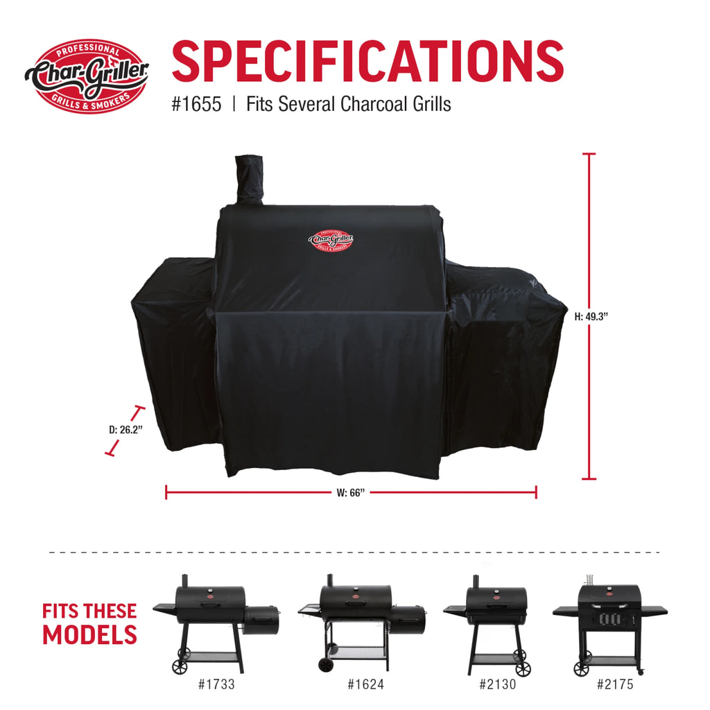 Specifications. Width: 66 inches including expandable side fire box cover. Height: 49.3 inches. Depth: 26.2 inches. Fits models: 1733, 1624, 2130, and 2175