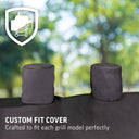 Closeup of 2 chimney stack covers at the top of a grill cover with the text Custom fit cover crafted to fit each grill model perfectly.