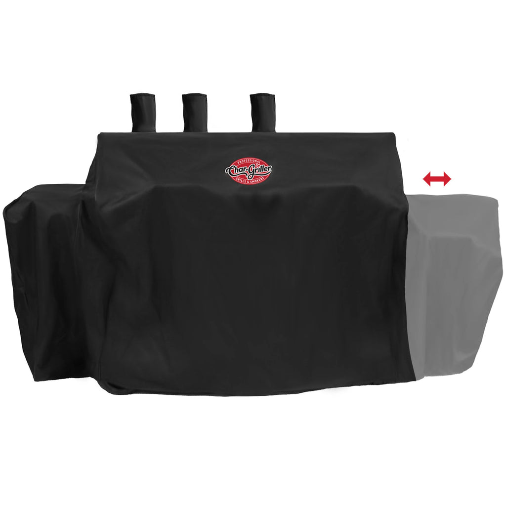 The cover installed on a barrel grill and offset smoker with 3 chimneys. Cover includes room for a side shelf on the left. The expandable side fire box cover on the right is not expanded, but there is a shadow and red arrow showing how the cover expands so the right side is wider starting about halfway down.