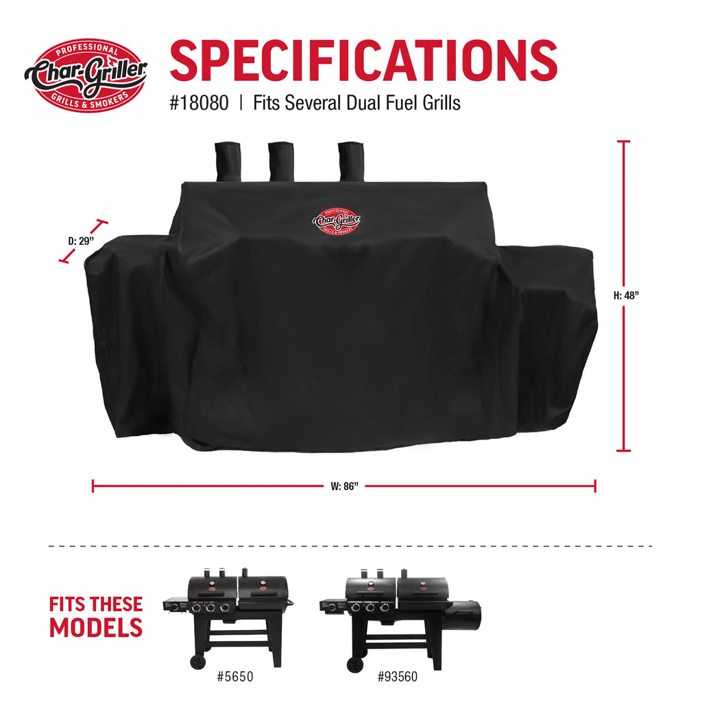 Specifications for 18080 grill with the side fire box cover extended. Width: 86 inches. Height: 48 inches. Depth: 29 inches. Cover fits grill models 5650 and 93560.