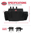 Specifications for 18080 grill with the side fire box cover extended. Width: 86 inches. Height: 48 inches. Depth: 29 inches. Cover fits grill models 5650 and 93560.