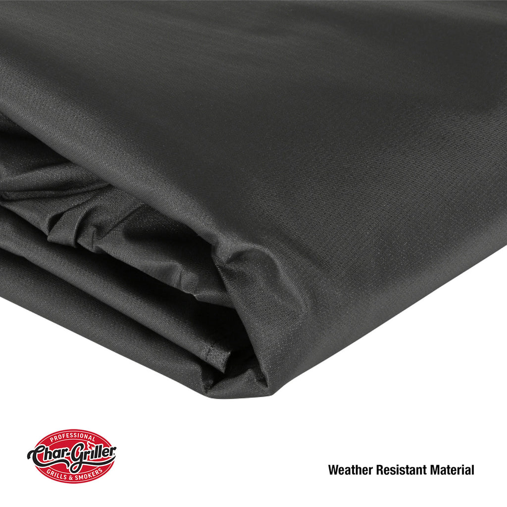 Close-up of folded cover with text "weather resistant material"