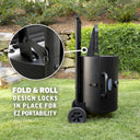 Fold & roll design locks in place for easy portability. The Gambler grill with the cart folded. The grill body is sideways up the cart, which makes it look like the grill is on a moving dolly. Includes a close-up of the locking mechanism.
