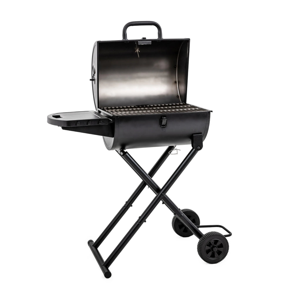Open King-Griller Gambler grill on a wheeled cart with a left side shelf.