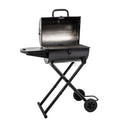 Open King-Griller Gambler grill on a wheeled cart with a left side shelf.