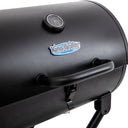 Black barrel barbecue grill with a King-Griller logo plate and a temperature gauge built into the lid. The lid has a handle, and a latch securely holds the lid closed.