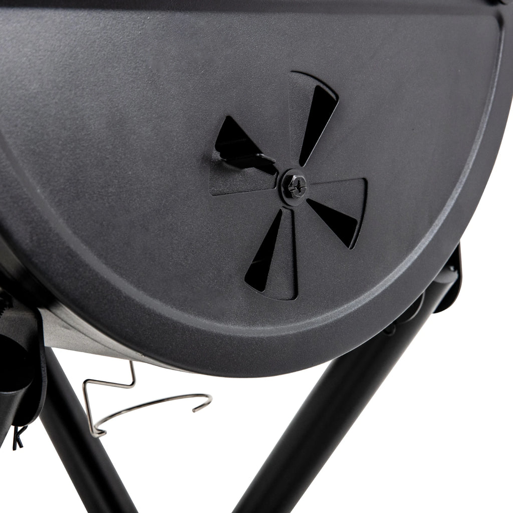 Close-up of the adjustable air damper in the bottom right side of the grill body.
