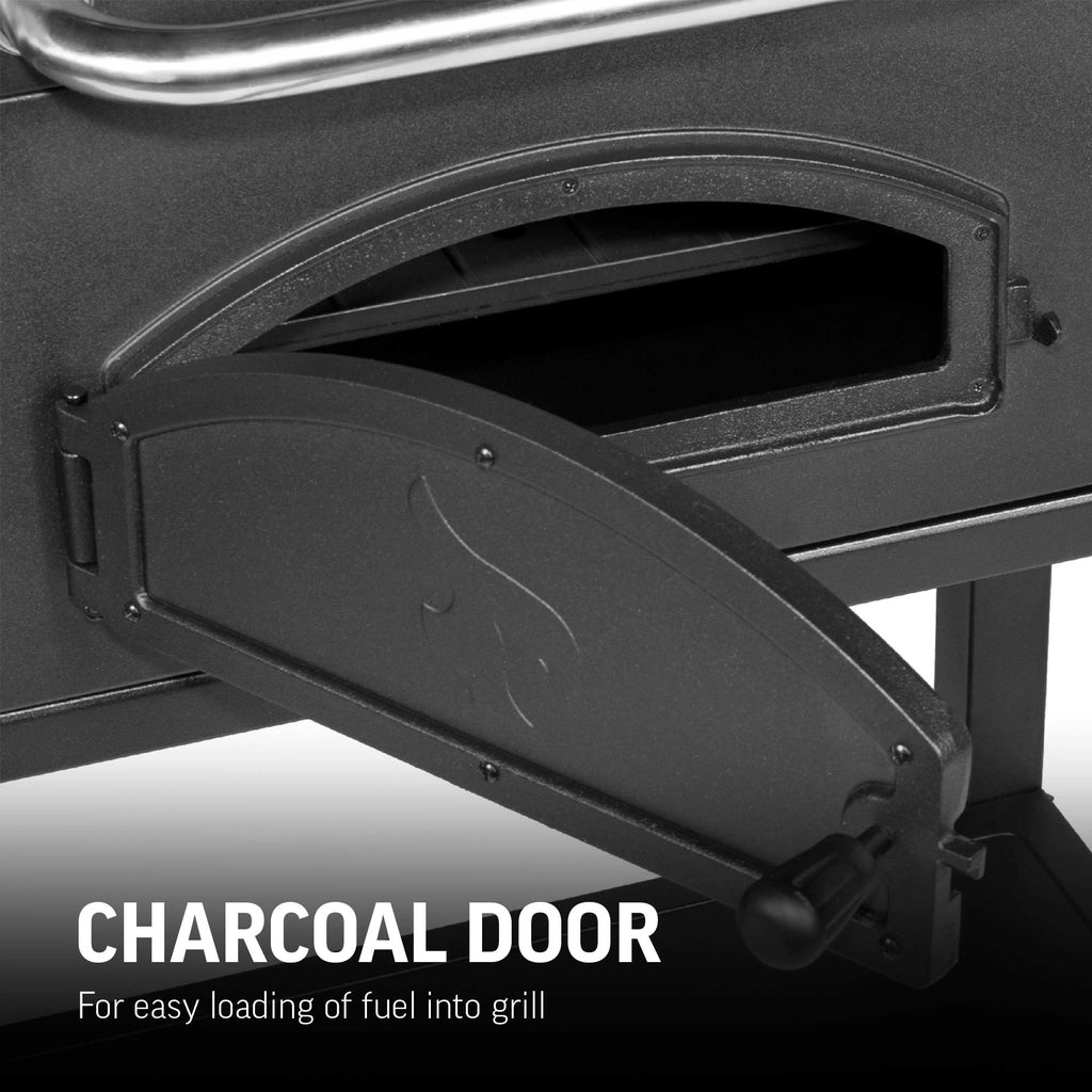 Closeup of the charcoal door mounted in the front of the grill body. Text reads: Charcoal door for easy loading of fuel into the grill.