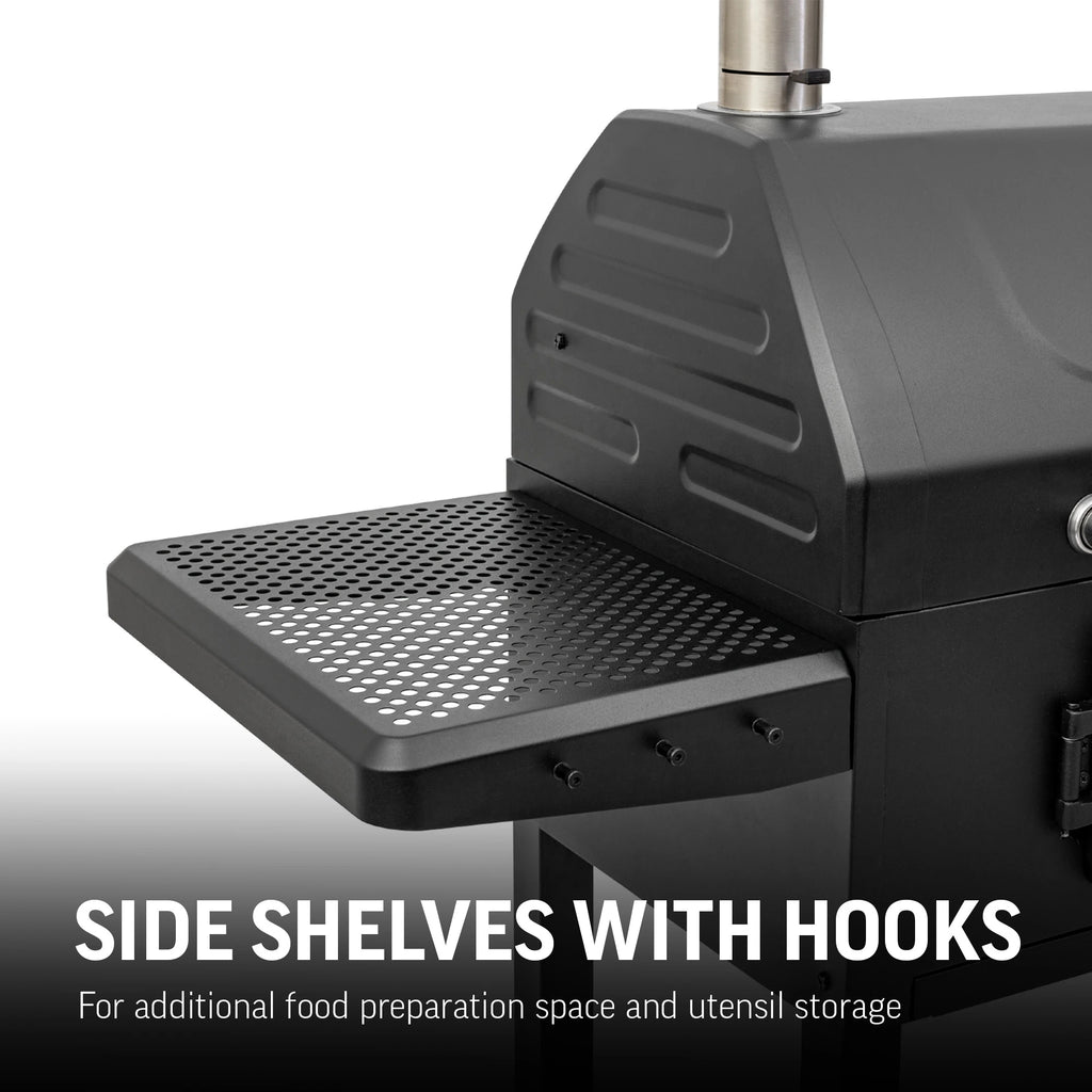 Closeup of perforated metal side shelf (left) with 3 built-in utensil hooks across the front. Text reads: Side shelves with hooks for additional food preparation space and utensil storage.