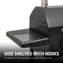 Closeup of perforated metal side shelf (left) with 3 built-in utensil hooks across the front. Text reads: Side shelves with hooks for additional food preparation space and utensil storage.