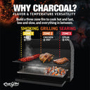 Why Charcoal? Flavor and temperature versatility. Build a three zone fire to cook hot and fast (directly above the coals, steak at 475°F), low and slow (opposite end of the grill from the coals, ribs at 225°F), and everything in between (closer to the coals, but not directly over them, chicken at 350°F)