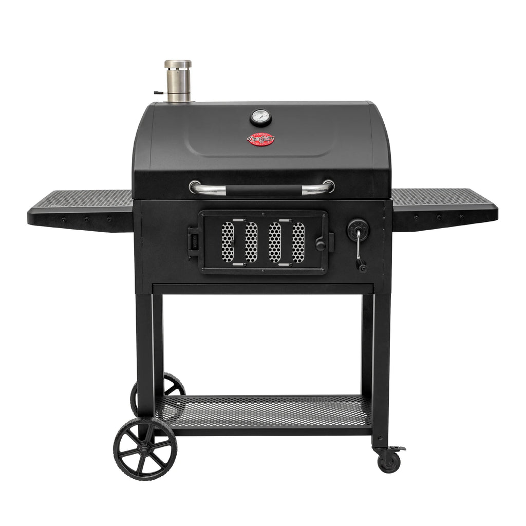 Front view of black Classic Cart Style Charcoal Grill on white background. Side shelves are up. Steel chimney is in left rear. Grill is mounted on a cart with 2 large wheels (left), 2 small locking casters (right), and a perforated metal shelf between the legs.