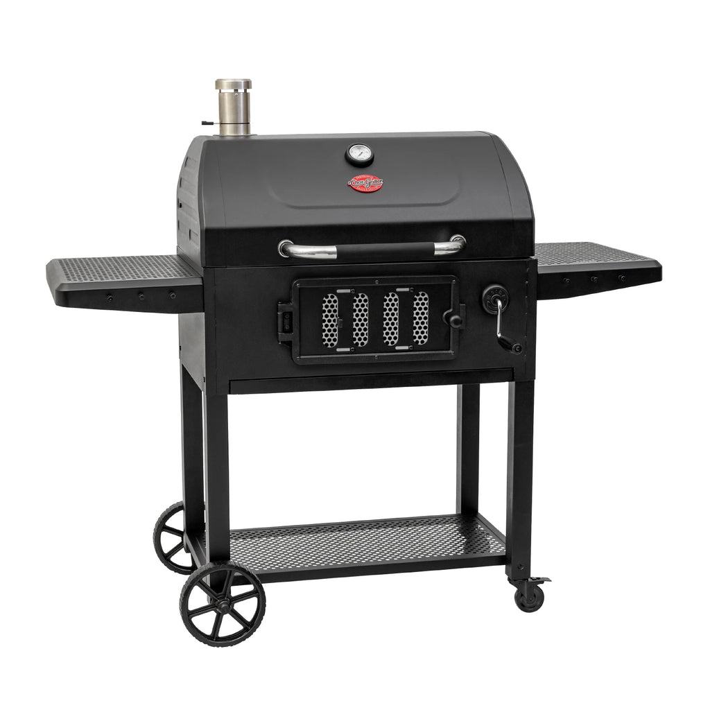 Grill angled to show left side shelf and large cart wheels.