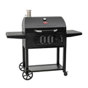 Grill angled to show left side shelf and large cart wheels.