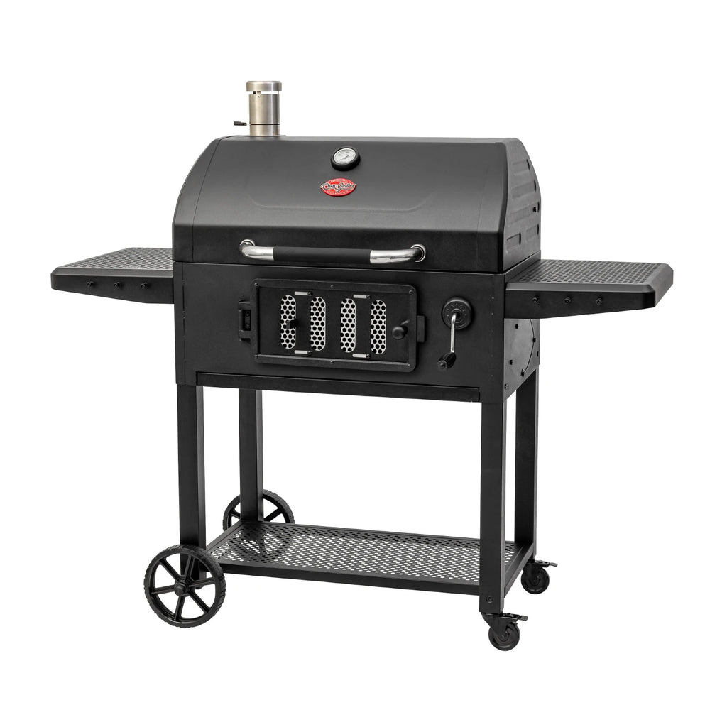 Grill angled to show right side shelf and cart's locking casters. A crank handle to adjust the fire grate height is mounted on the right side of the grill body.