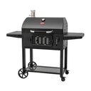 Grill angled to show right side shelf and cart's locking casters. A crank handle to adjust the fire grate height is mounted on the right side of the grill body.