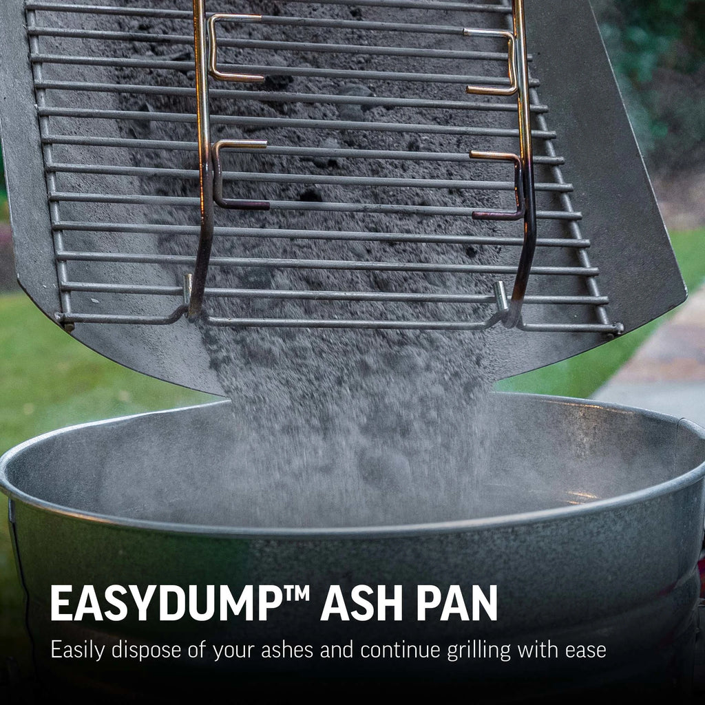 Closeup of dumping ashes from the ash pan into a metal bucket. Text reads EasyDump Ash Pan. Easily dispose of your ashes and continue grilling with ease.