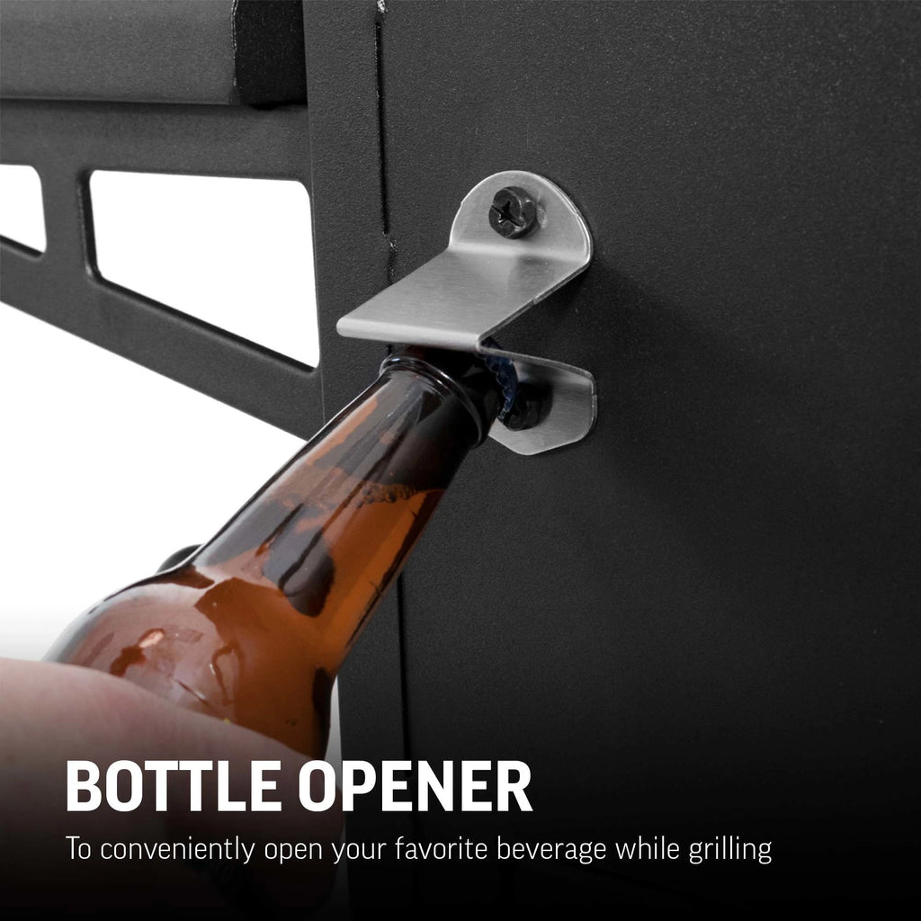 Bottle opener to conveniently open your favorite beverage while grilling. Opener is mounted on the left front of the grill body.