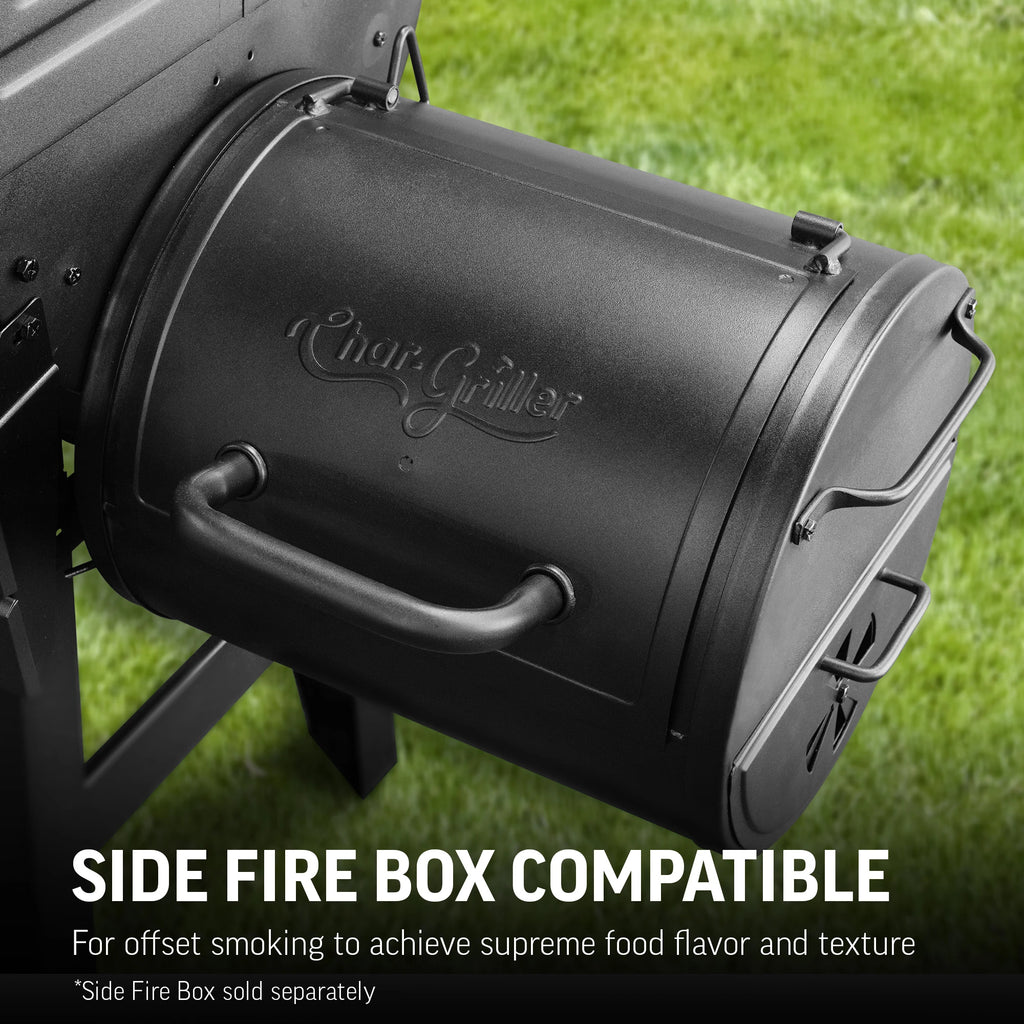 Side fire box compatible. For offset smoking to achieve supreme food flavor and texture. Side fire box sold separately.