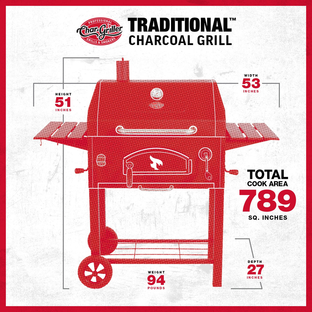 Traditional charcoal grill dimensions. Width: 53 inches including side shelves, height: 51 inches including cart and chimney, depth: 27 inches, weight: 94 pounds, total cook area: 789 square inches