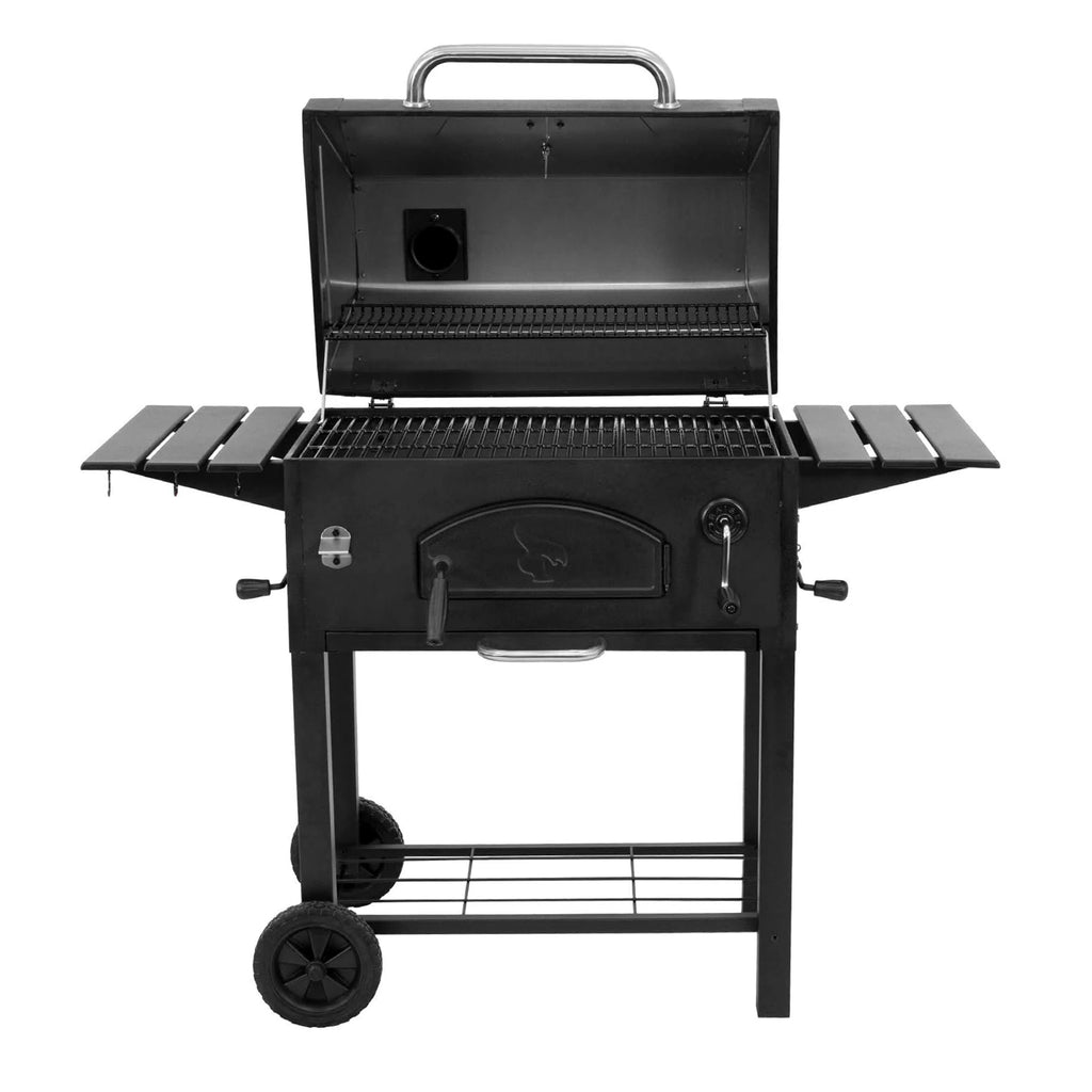 Open grill from the front, showing the main cooking grate with the warming rack above it