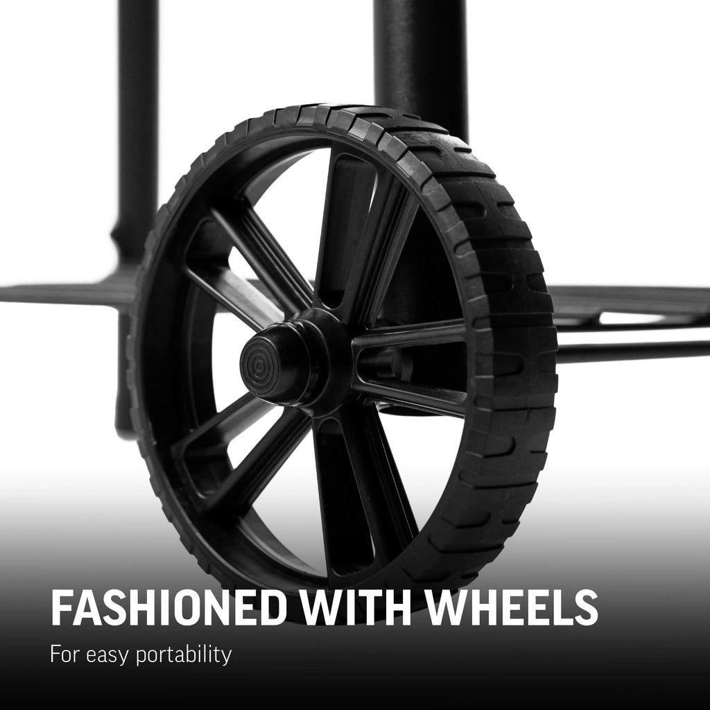Closeup of the cart wheels with the text: Fashioned with wheels for easy portability.