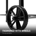 Closeup of the cart wheels with the text: Fashioned with wheels for easy portability.