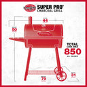 Super Pro Charcoal Grill Dimensions. Width: 44 inches. Height; 50 inches. Depth: 31 inches. Weight: 79 pounds. Total cook area: 850 square inches.