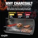 Why Charcoal? Flavor and temperature versatility. Build a three zone fire to cook hot and fast (directly above the coals, steak at 475°F), low and slow (opposite end of the grill from the coals, ribs at 225°F), and everything in between (closer to the coals, but not directly over them, chicken at 350°F)