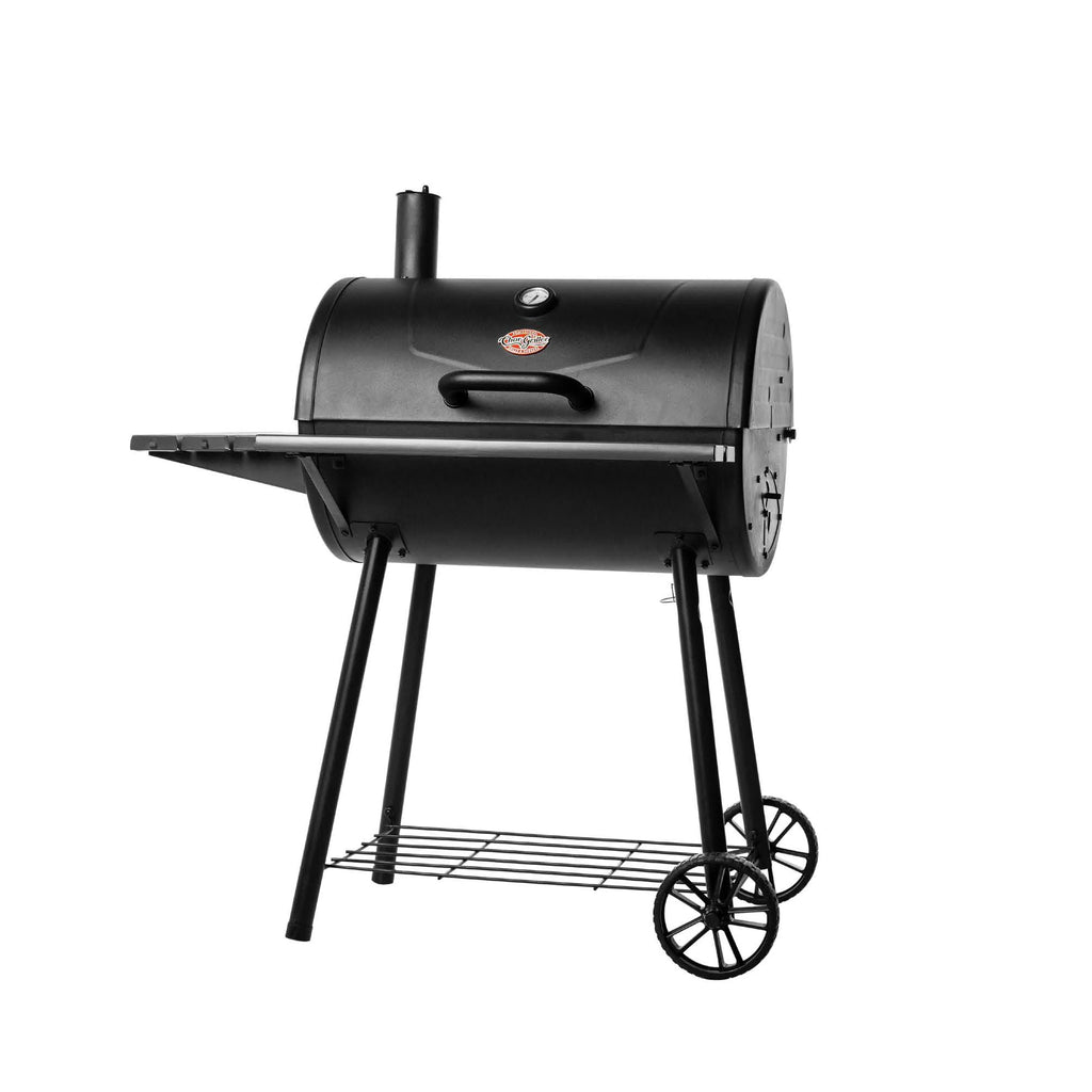 Angle view of the grill showing the right side, which has a circular adjustable damper near the bottom of the grill. The cart has 2 large wheels on the right side.