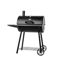 Angle view of the grill showing the right side, which has a circular adjustable damper near the bottom of the grill. The cart has 2 large wheels on the right side.