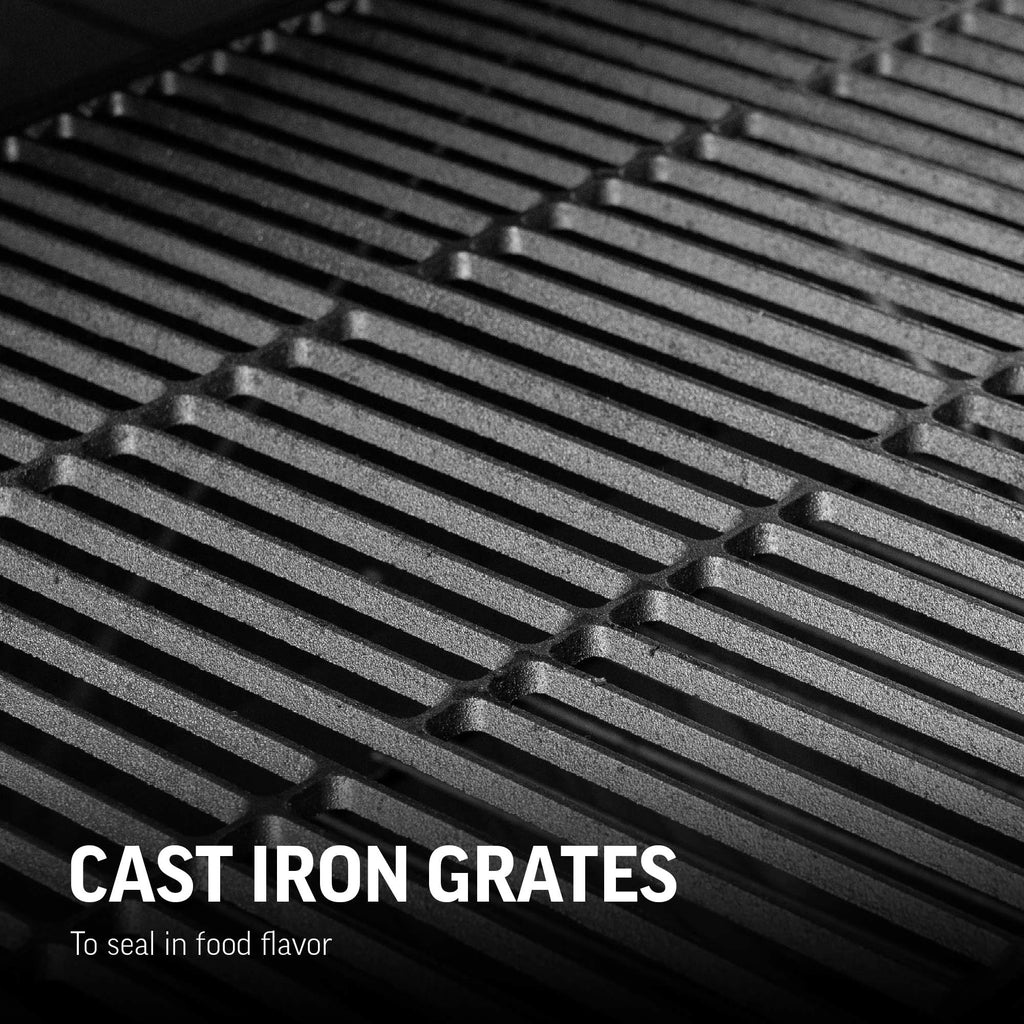Close-up of a cast iron grill grate. Text reads: Cast iron grates to seal in food flavor