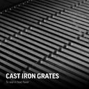 Close-up of a cast iron grill grate. Text reads: Cast iron grates to seal in food flavor