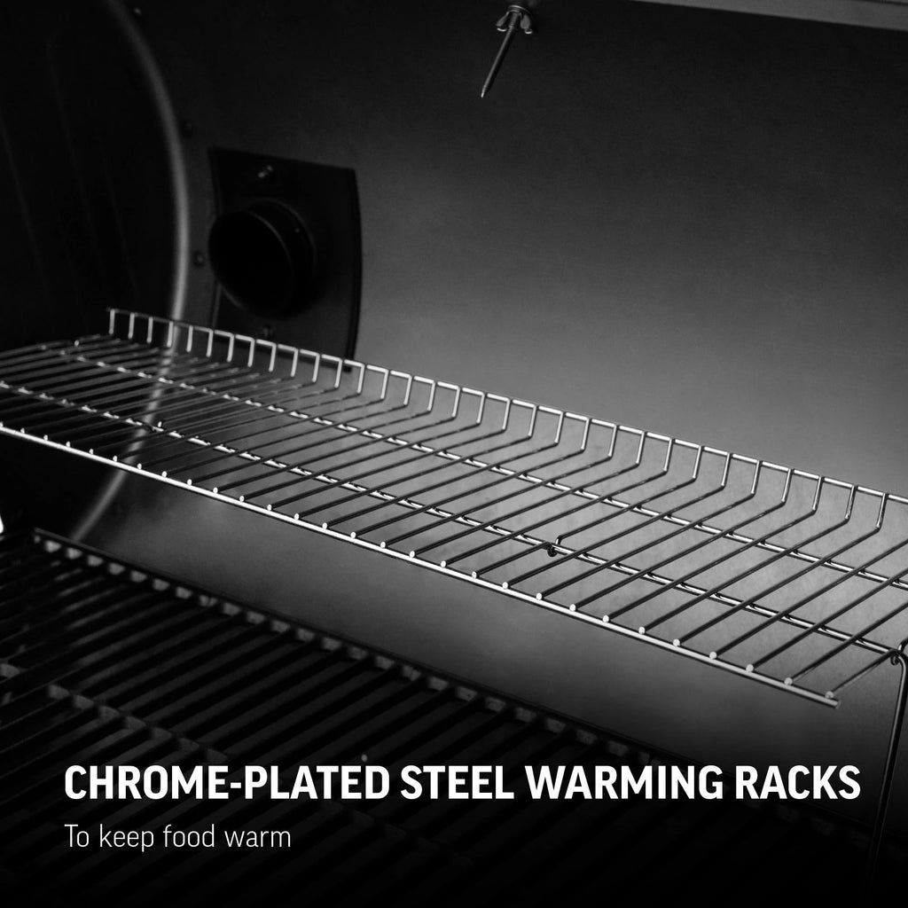 Closeup of the warming rack in a Super Pro grill. Text reads: Chrome-plated steel warming racks to keep food warm.