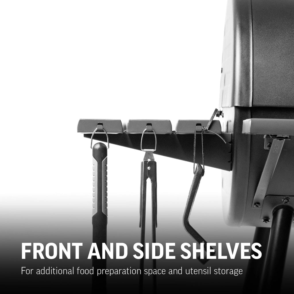 Closeup of the side shelf, which is made of 3 slats running front to back. A utensil hook is built into the end of each slat, shown here with utensils hanging from them. Text reads: Front and side shelves for additional food preparation space and utensil storage.