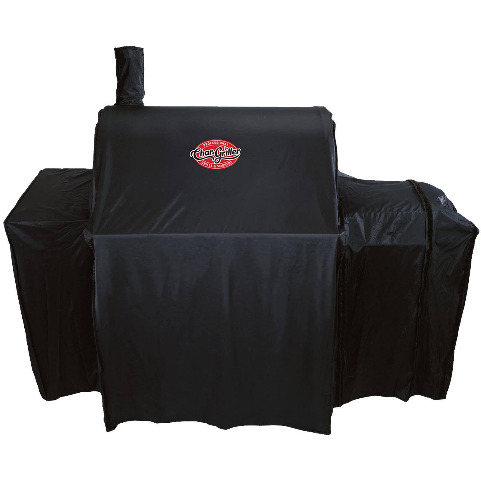 Cover installed on a Pro Deluxe grill with the side fire box on the right. Side fire box, chimney, and left side shelf are all covered.