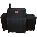 Cover installed on a Pro Deluxe grill with the side fire box on the right. Side fire box, chimney, and left side shelf are all covered.