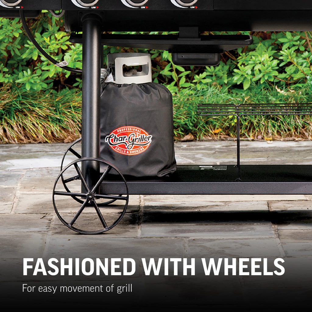 Closeup of the cart wheels. A propane tank covered with a Char-Griller tank cover sits on the bottom shelf of the cart. Text overlay reads: Fashioned with wheels for easy movement of grill