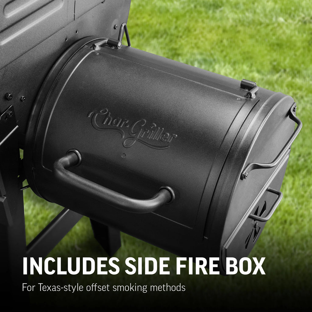 Closeup of the side firebox. The lid is closed to display the embossed Char-Griller logo on it. Text overlay reads: Includes side fire box for Texas-style offset smoking methods.