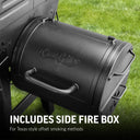 Closeup of the side firebox. The lid is closed to display the embossed Char-Griller logo on it. Text overlay reads: Includes side fire box for Texas-style offset smoking methods.