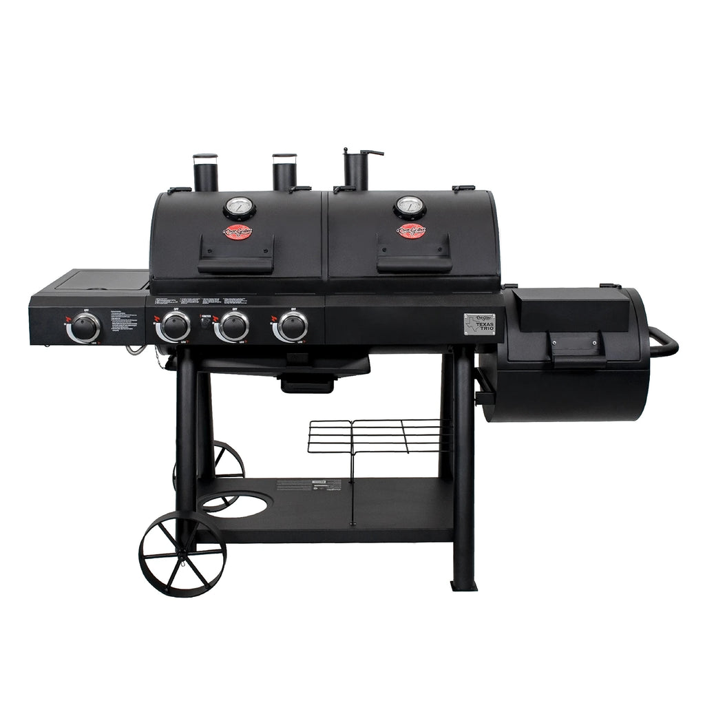 Char-Griller Texas Trio dual fuel grill with side firebox (right), side burner (left) mounted on a cart with 2 wheels and a half-width wire shelf