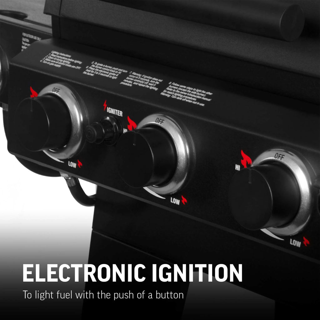 Closeup of 3 burner control knobs on the front panel of a Texas Trio grill. An igniter button is placed between the 2 leftmost knobs. Text overlay reads: Electronic ignition to light fuel with the push of a button.